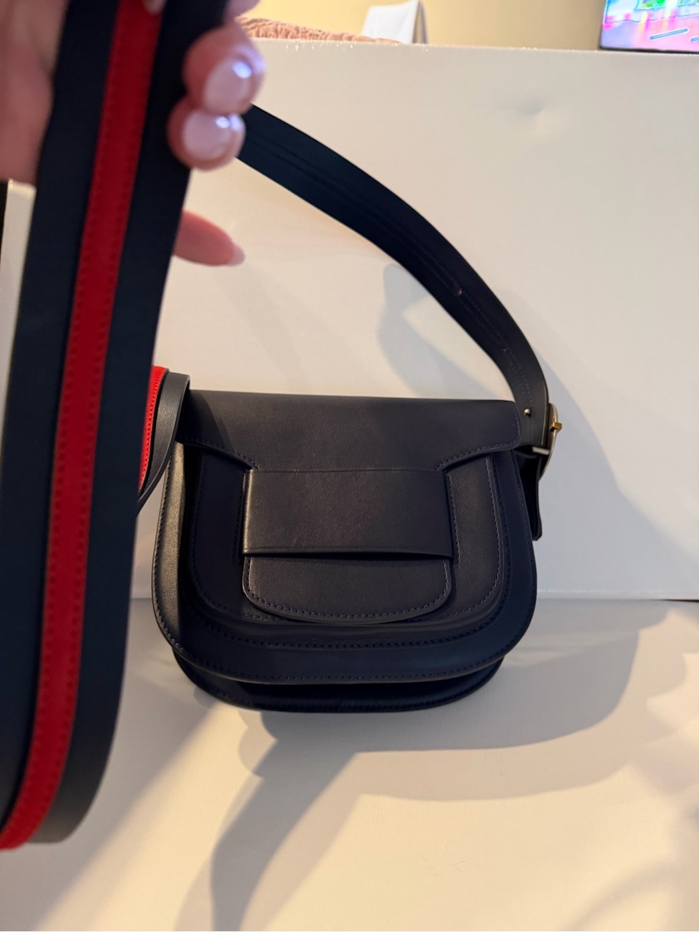 Navy Blue Leather Saddle Crossbody Bag with Navy Blue/Red-Trim Strap